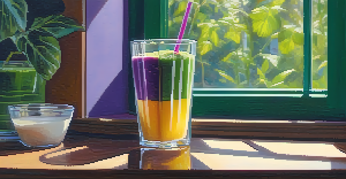 A glass bowl with a colorful smoothie topped with flaxseeds and berries on a wooden table, illuminated by soft morning light.