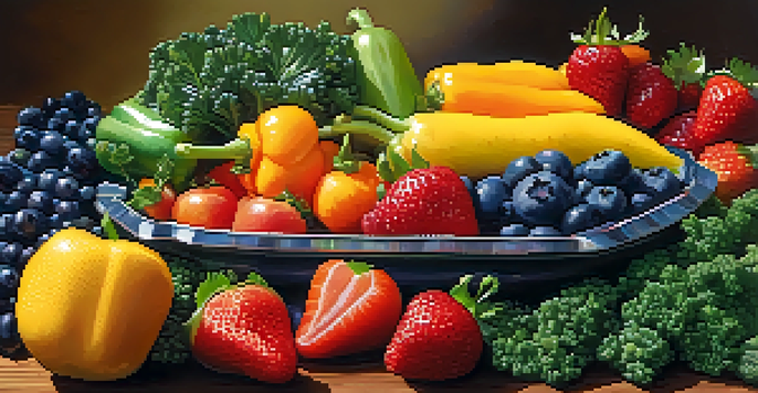 A colorful assortment of fresh fruits and vegetables arranged on a wooden table, showcasing strawberries, blueberries, kale, carrots, and bell peppers in natural light.