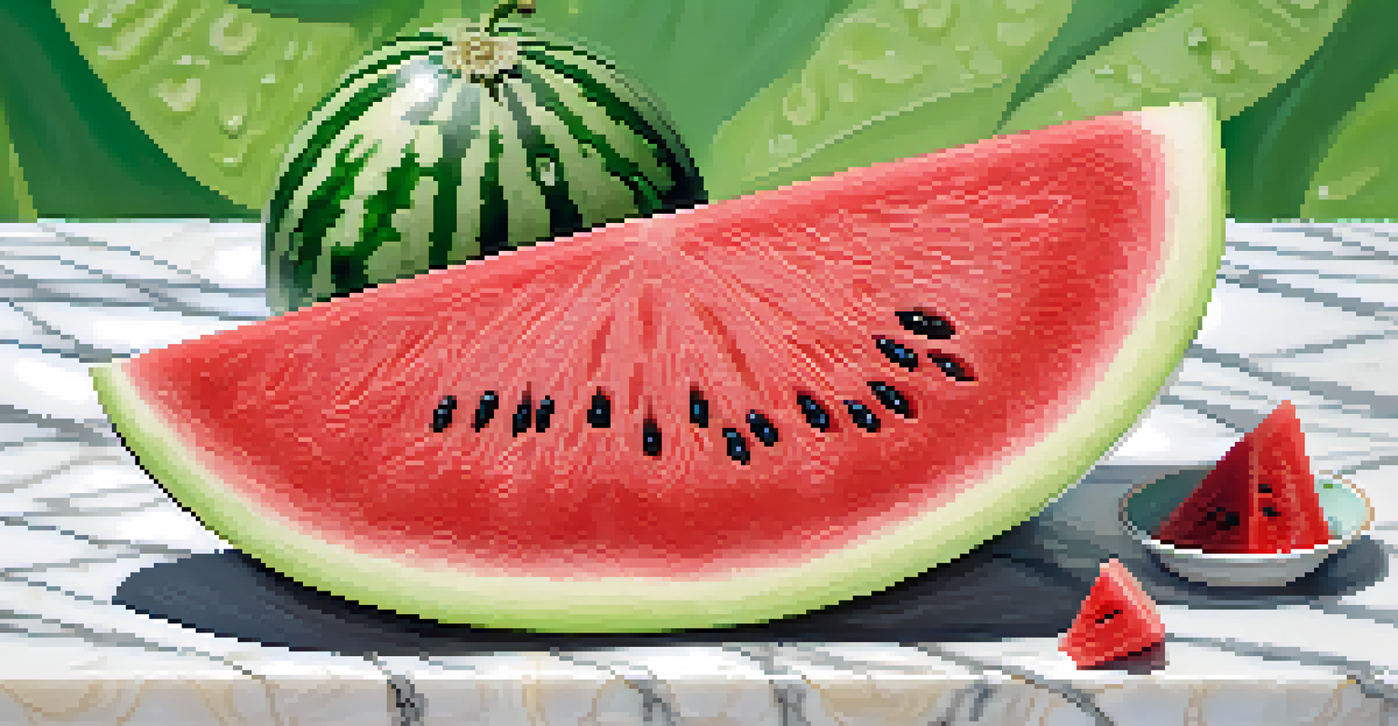 A close-up view of a juicy watermelon slice with water droplets on a marble surface, surrounded by green leaves in the background.