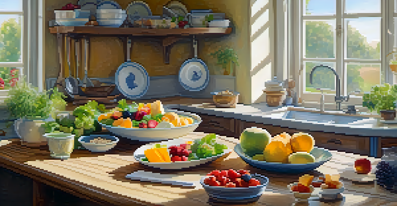A cozy kitchen with a wooden countertop displaying an array of raw vegan dishes and fresh fruits under soft natural light.