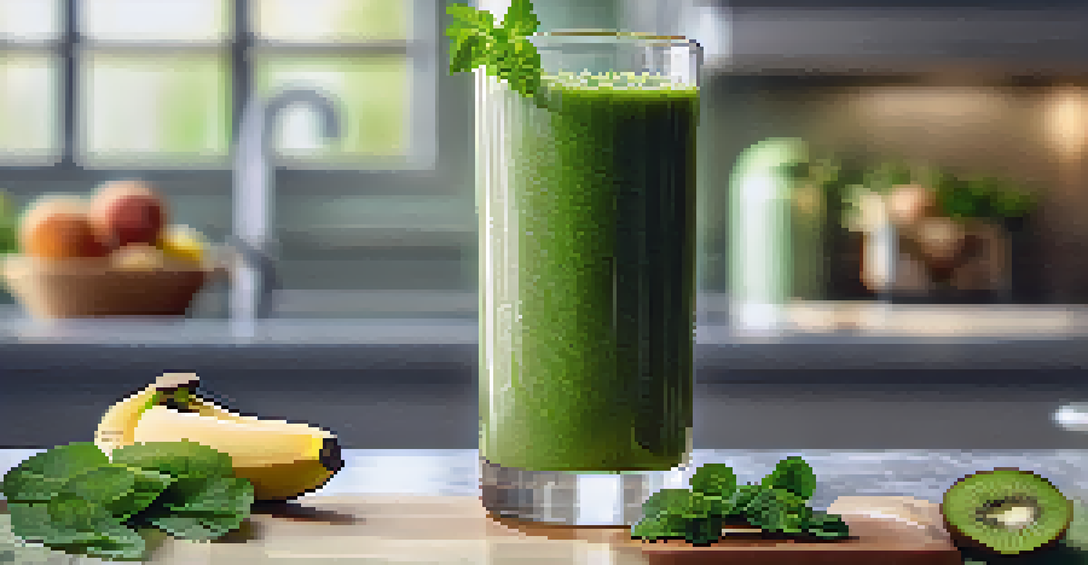 A close-up of a green smoothie in a glass, garnished with a slice of kiwi and mint, set against a blurred kitchen background.
