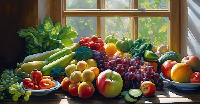 A colorful arrangement of fresh fruits and vegetables on a wooden table, illuminated by sunlight.
