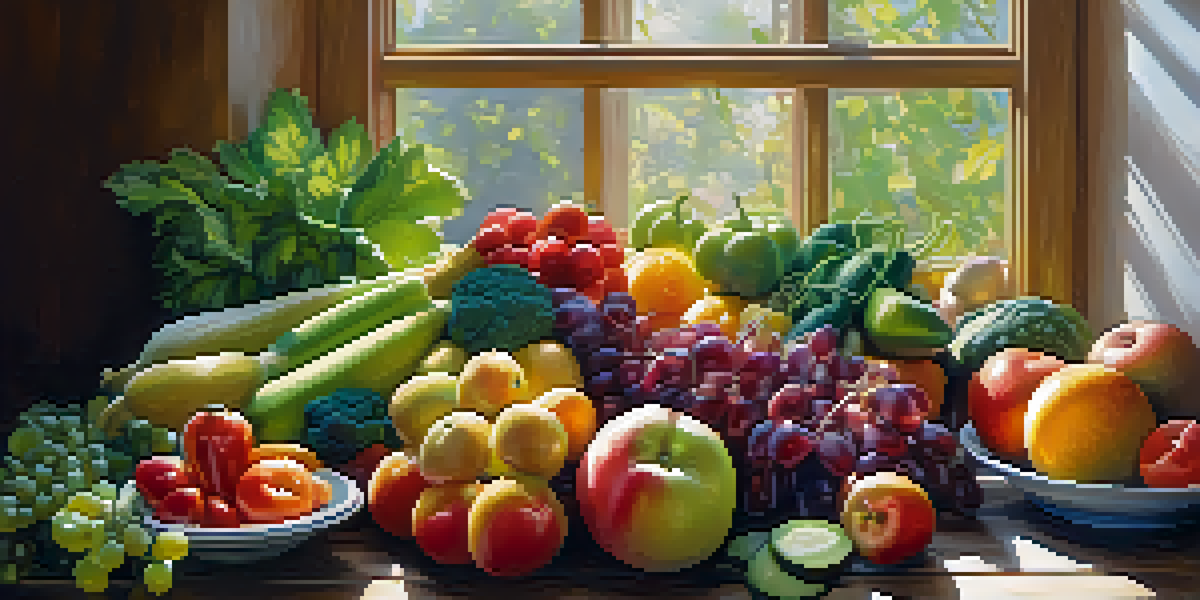 A colorful arrangement of fresh fruits and vegetables on a wooden table, illuminated by sunlight.