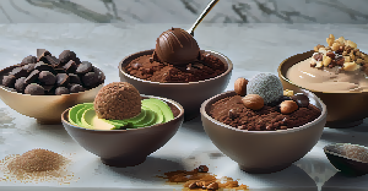 An assortment of raw desserts including chocolate avocado mousse and energy balls made from dates and nuts on a marble surface.