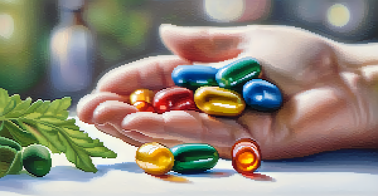 A hand holding a bottle of colorful dietary supplements with leafy greens blurred in the background.