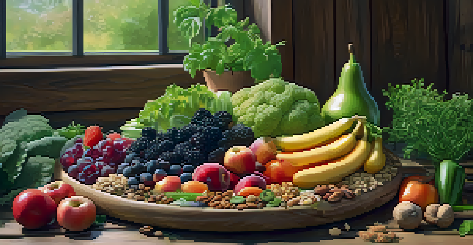A colorful raw food platter with fresh fruits, vegetables, and nuts on a wooden table.