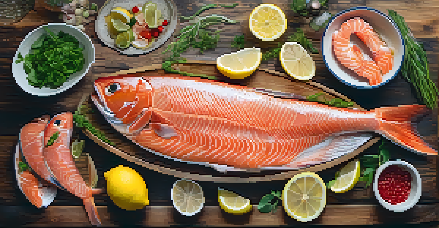 An overhead view of a wooden table with fresh seafood, including pink salmon and shellfish, surrounded by garnishes.