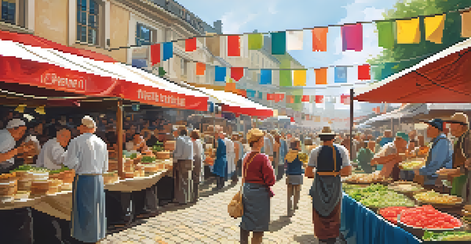 A lively outdoor festival with food stalls serving dishes that include sauerkraut, featuring people enjoying the event amid colorful decorations.