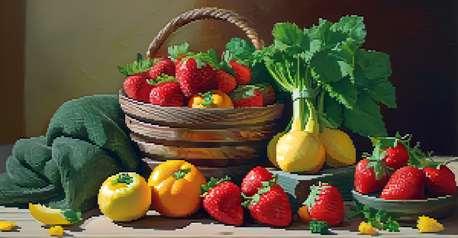 A wooden cutting board with a colorful arrangement of seasonal fruits and vegetables, including strawberries, carrots, and squash.