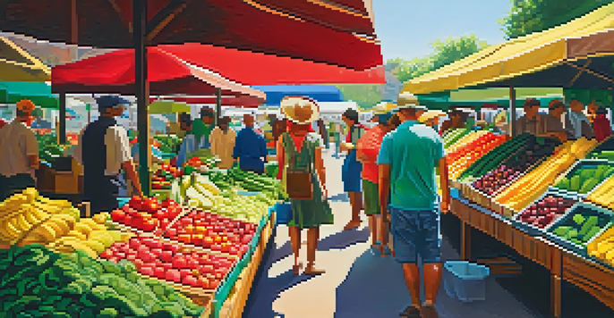 A lively farmer's market displaying a variety of fresh fruits and vegetables under a sunlit canopy, with vendors and customers in the background.