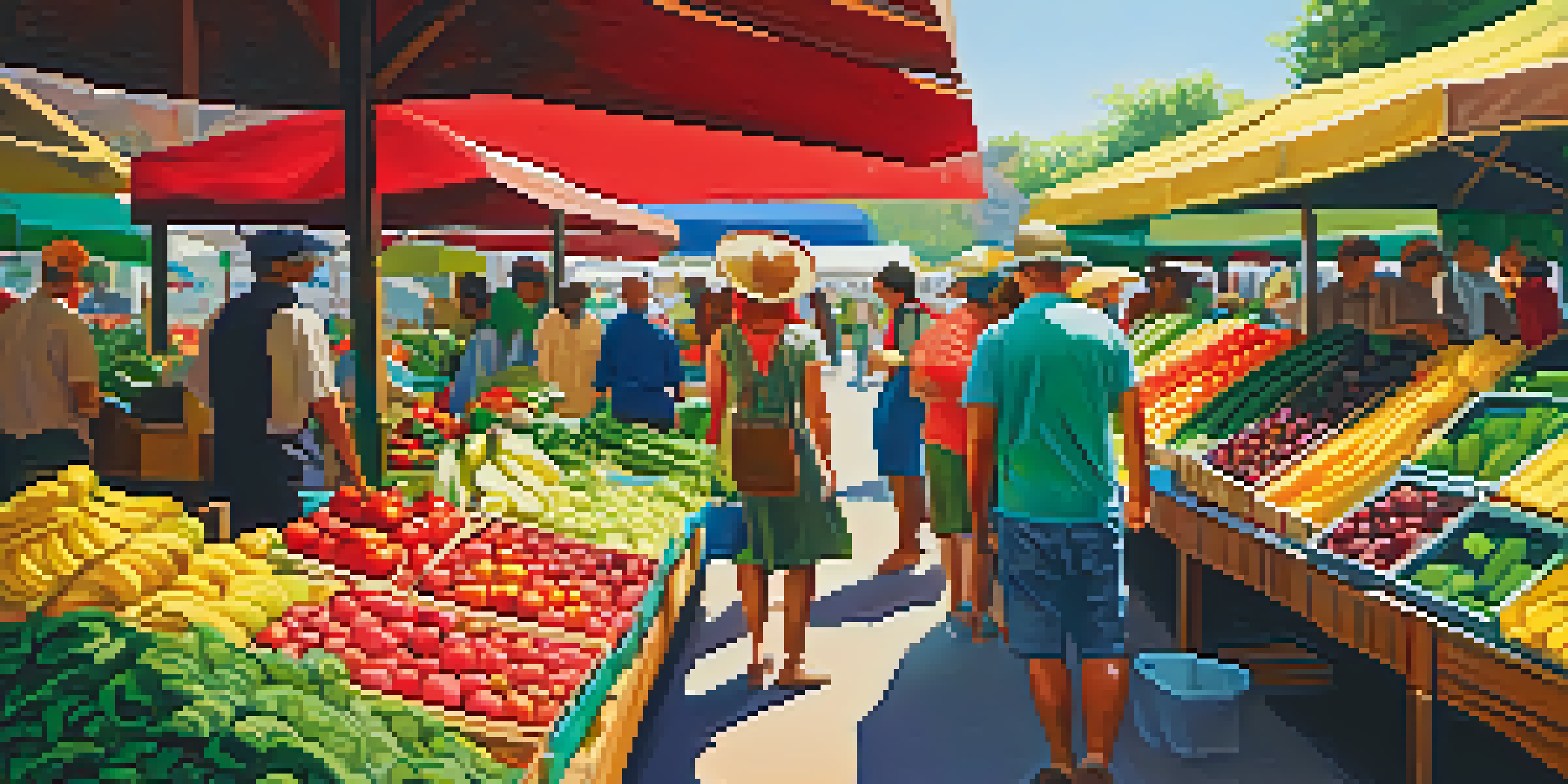 A lively farmer's market displaying a variety of fresh fruits and vegetables under a sunlit canopy, with vendors and customers in the background.