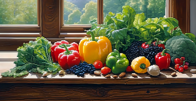 A colorful arrangement of fresh raw fruits and vegetables on a wooden surface, illuminated by soft natural light.