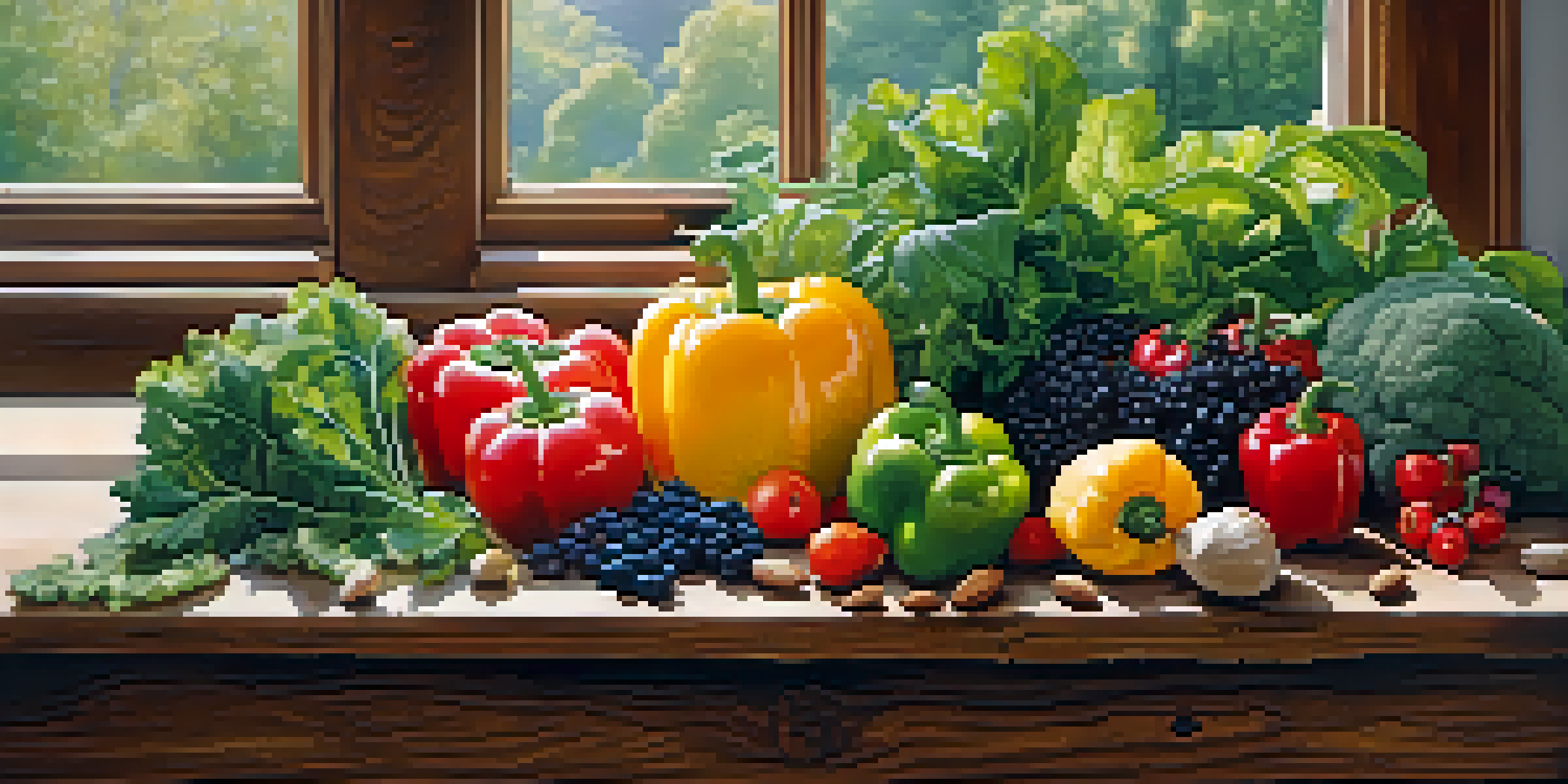 A colorful arrangement of fresh raw fruits and vegetables on a wooden surface, illuminated by soft natural light.