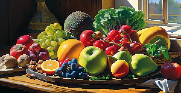 A colorful raw food platter with fruits, vegetables, nuts, and seeds on a wooden table, illuminated by soft sunlight.