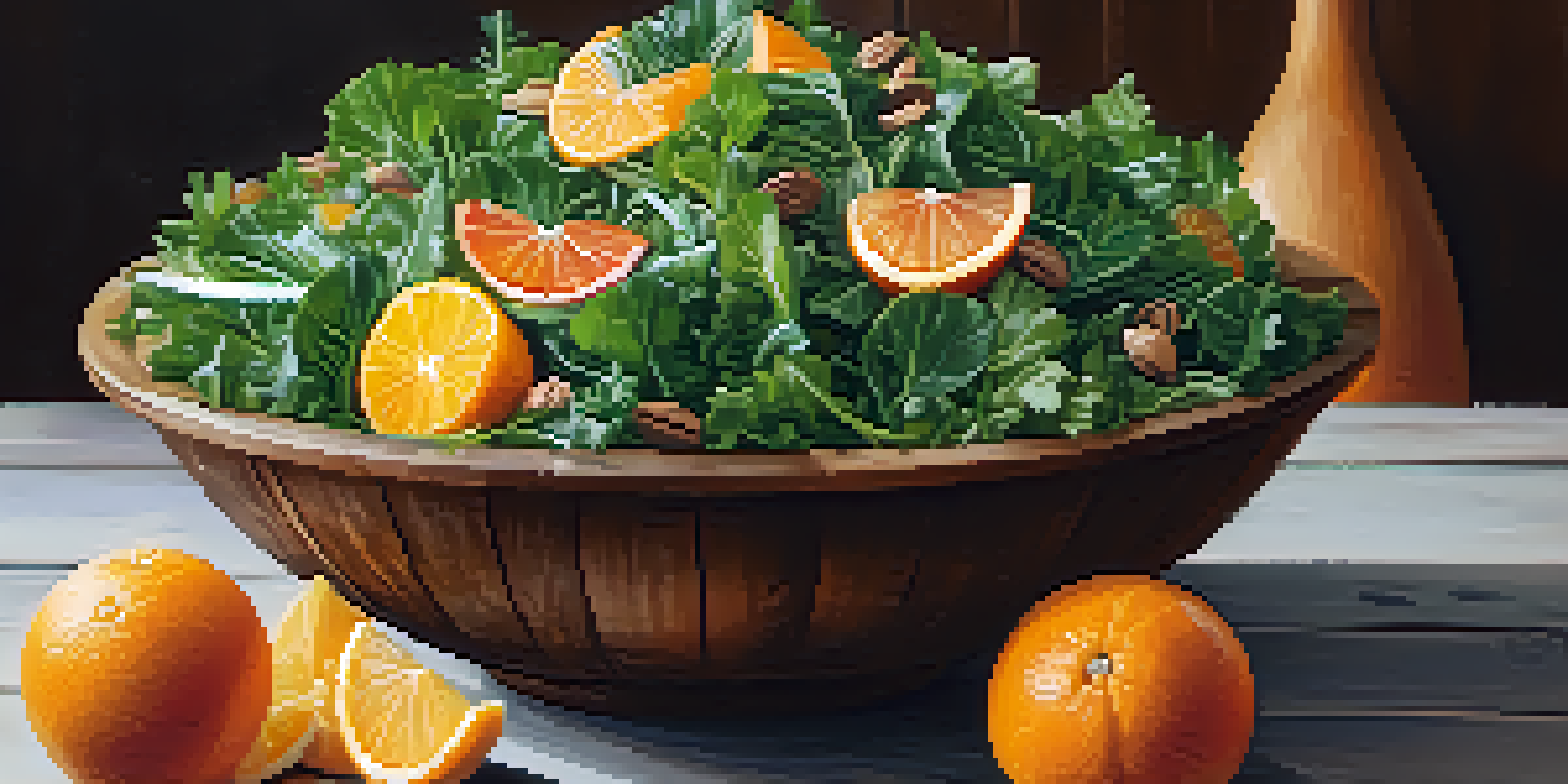 A colorful raw salad with winter greens, citrus slices, and nuts in a rustic bowl, illuminated by soft natural light.