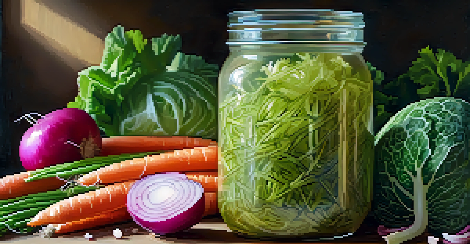 A close-up of a jar of sauerkraut surrounded by fresh vegetables, with warm lighting emphasizing the textures and colors.