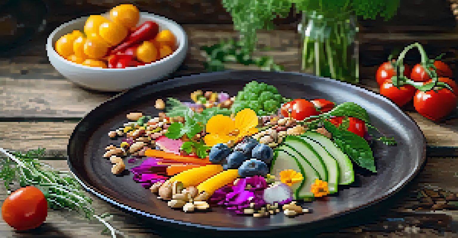 A close-up of a beautifully plated raw food dish with colorful vegetables, nuts, and herbs on a wooden table.