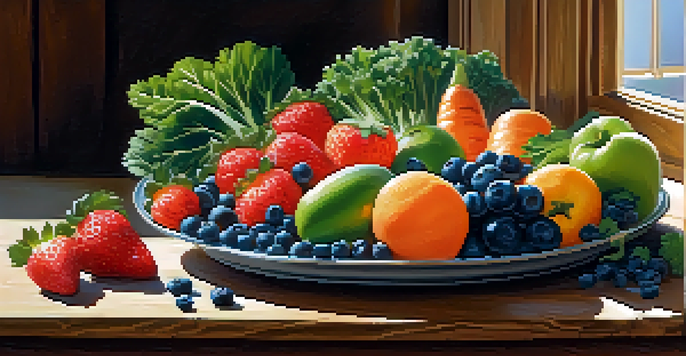 A colorful assortment of fresh fruits and vegetables displayed on a wooden table, illuminated by soft sunlight.