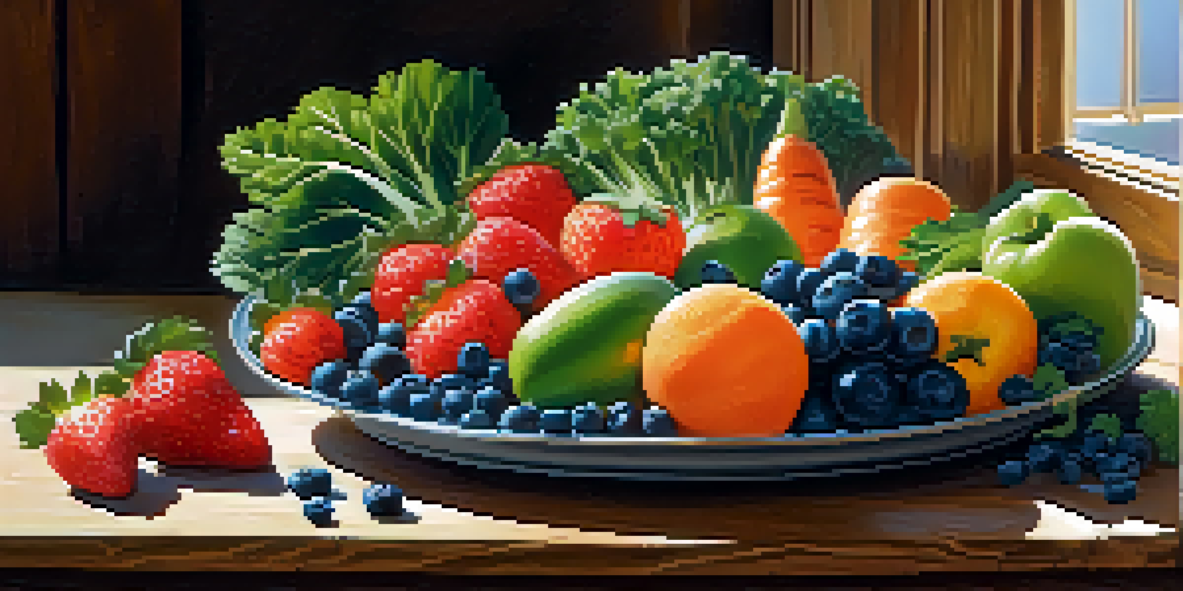 A colorful assortment of fresh fruits and vegetables displayed on a wooden table, illuminated by soft sunlight.