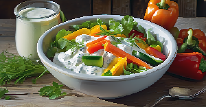 A colorful salad bowl with fresh raw vegetables and a creamy yogurt dressing, set on a wooden table under natural sunlight.