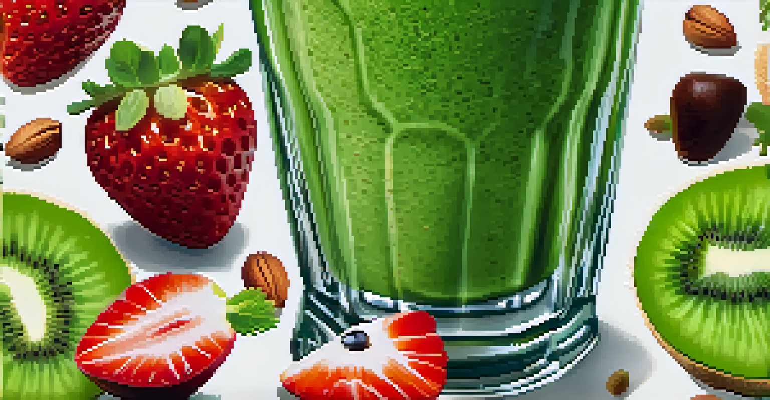 A green smoothie topped with fresh fruit slices, surrounded by leafy greens and nuts in a bright setting.