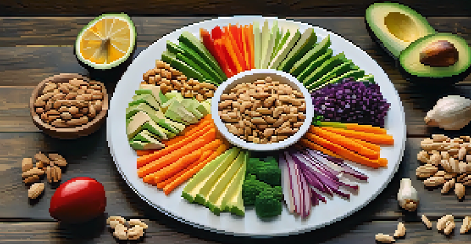 A beautifully arranged platter of raw food showcasing various textures including nuts, avocado, and vegetables on a wooden table under soft natural light.