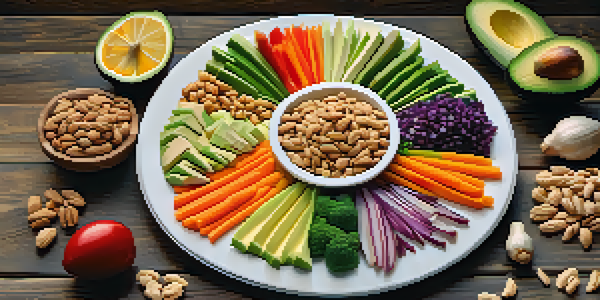 A beautifully arranged platter of raw food showcasing various textures including nuts, avocado, and vegetables on a wooden table under soft natural light.