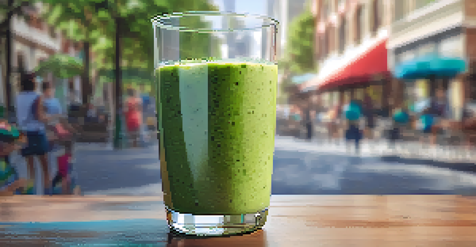 A clear glass filled with a green raw smoothie held by a person, with a blurred cityscape in the background, capturing a busy lifestyle.