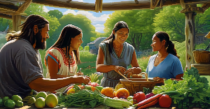 A Native American family preparing fresh foods outdoors, surrounded by greenery and sunlight.