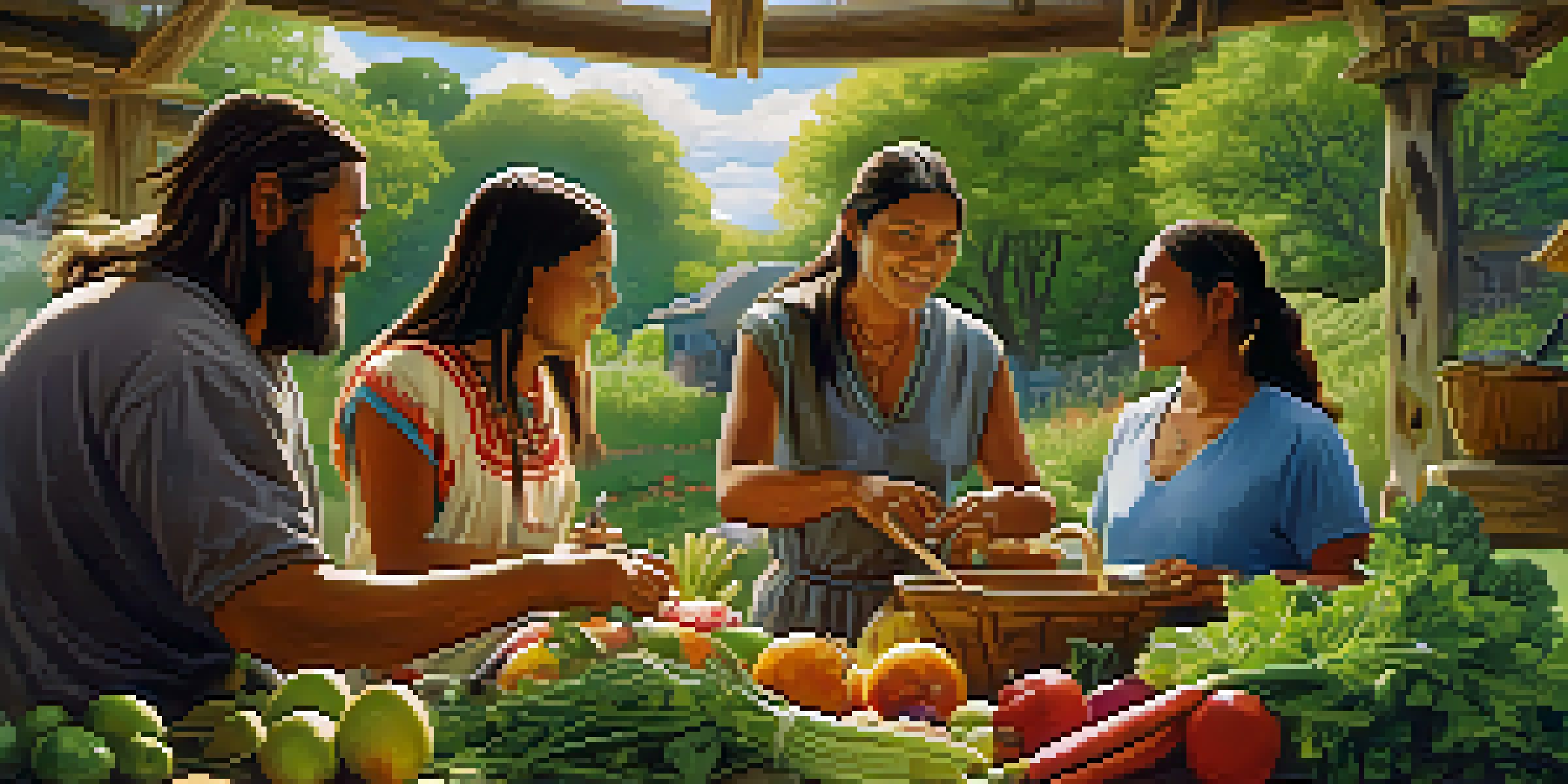 A Native American family preparing fresh foods outdoors, surrounded by greenery and sunlight.