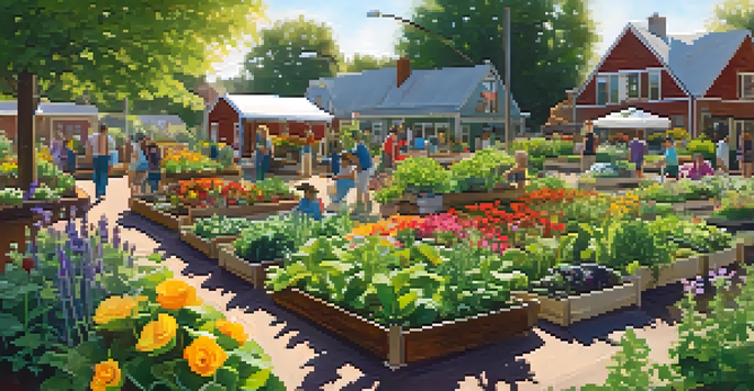 A diverse group of people working in a colorful community garden with various plants and flowers, under bright sunlight.