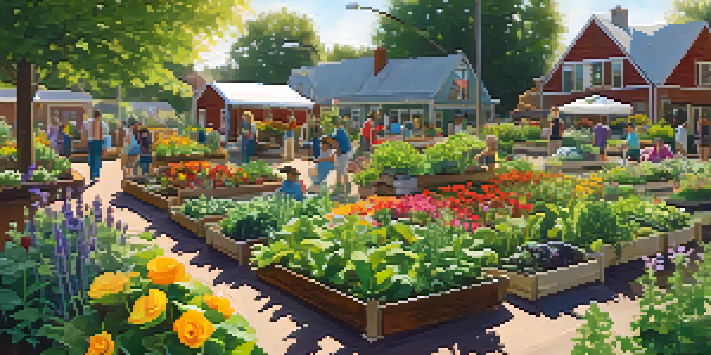A diverse group of people working in a colorful community garden with various plants and flowers, under bright sunlight.