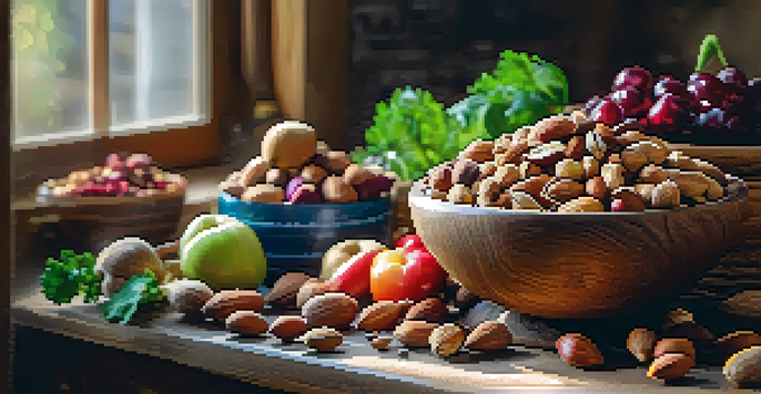 A bowl filled with various raw nuts and seeds, surrounded by colorful fruits and vegetables in a sunlit kitchen.