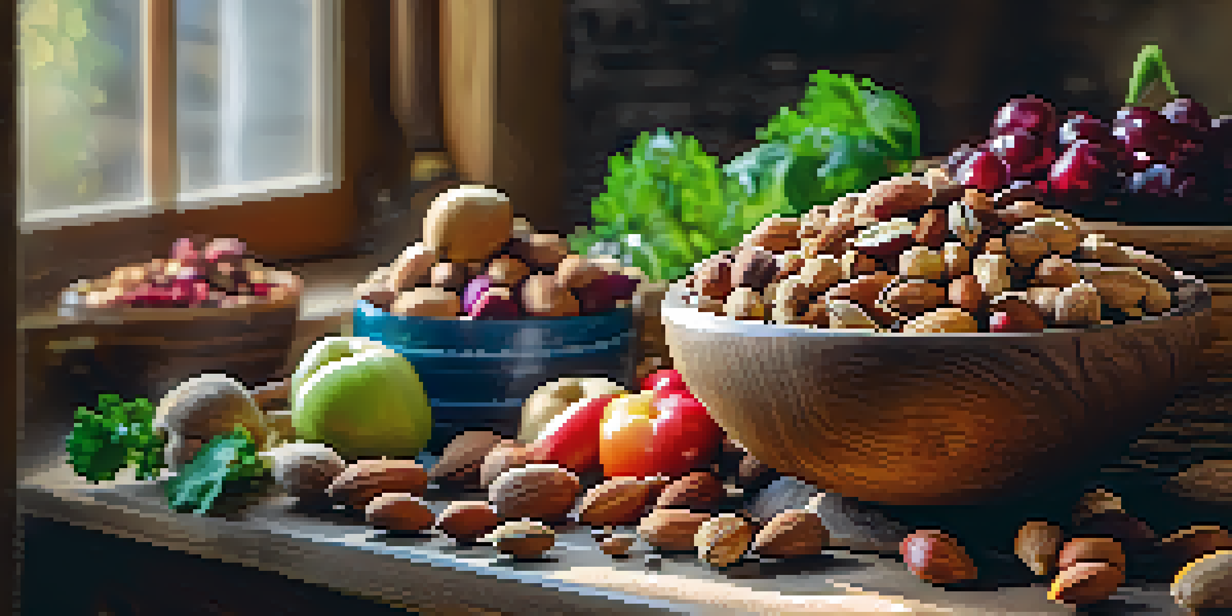 A bowl filled with various raw nuts and seeds, surrounded by colorful fruits and vegetables in a sunlit kitchen.