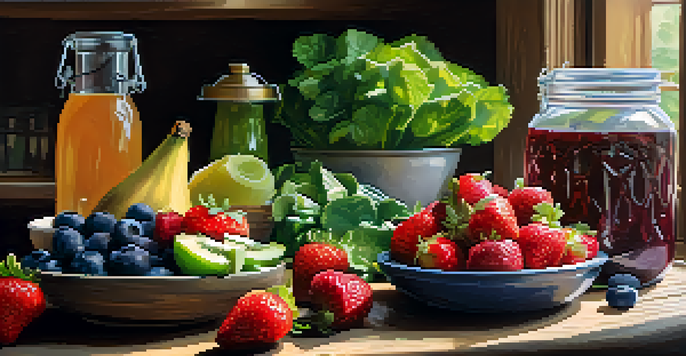 A colorful display of raw fruits and vegetables on a wooden table, with sauerkraut and kombucha in the foreground, illuminated by warm light.