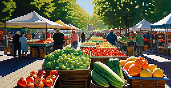 A colorful farmers' market filled with fresh seasonal fruits and vegetables under sunlight.