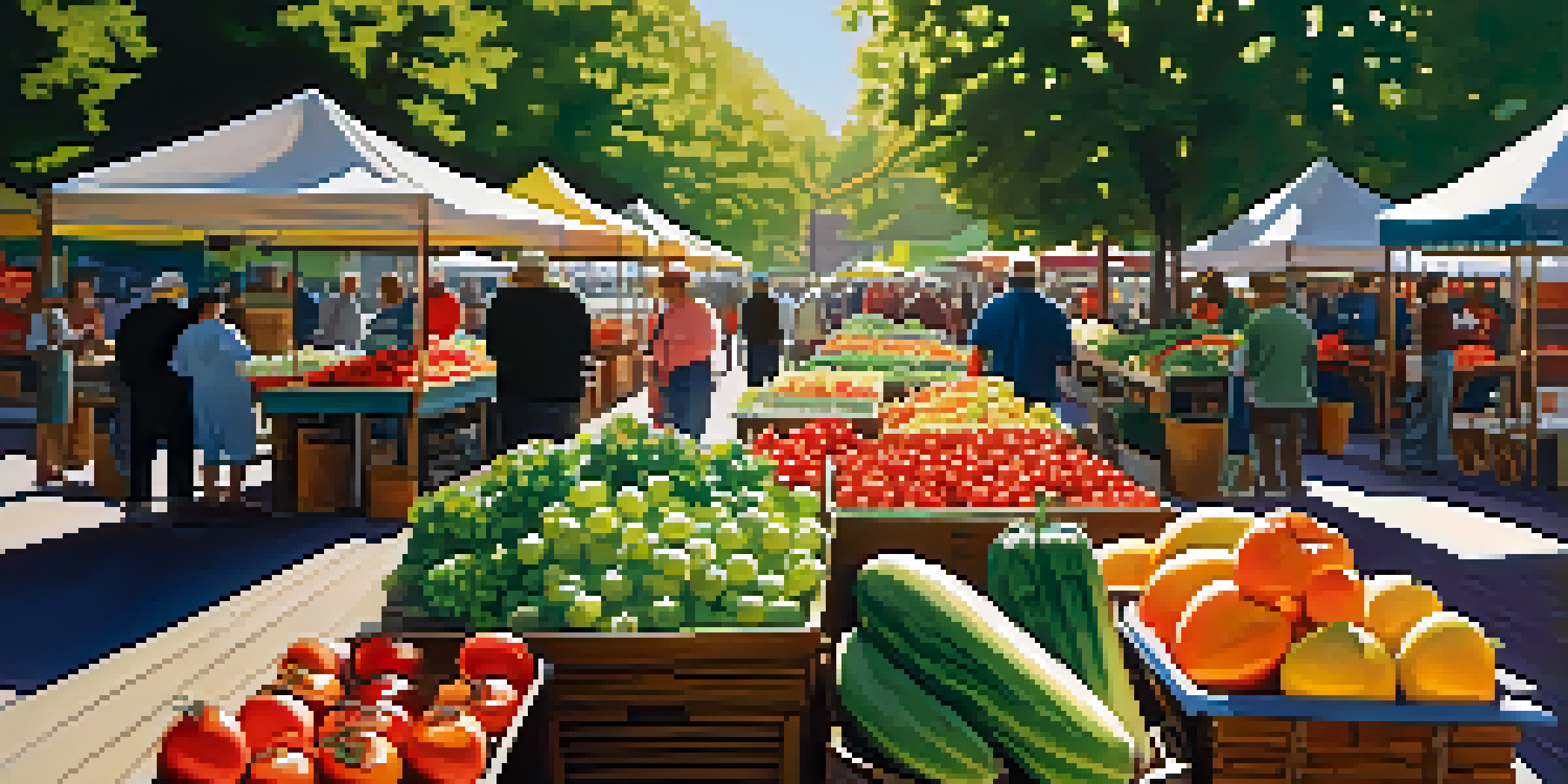 A colorful farmers' market filled with fresh seasonal fruits and vegetables under sunlight.