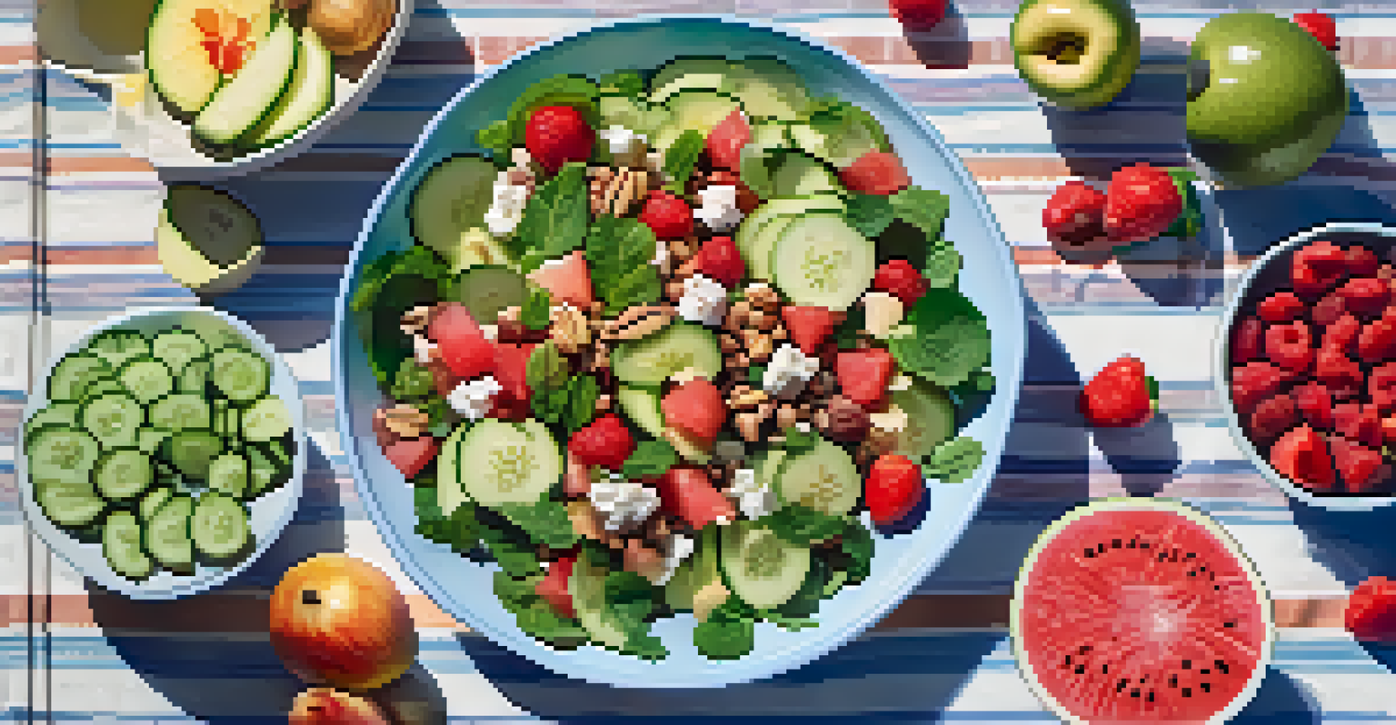 An outdoor picnic setup with a large bowl of vibrant raw salad and colorful fruits on a picnic blanket under a sunny sky.
