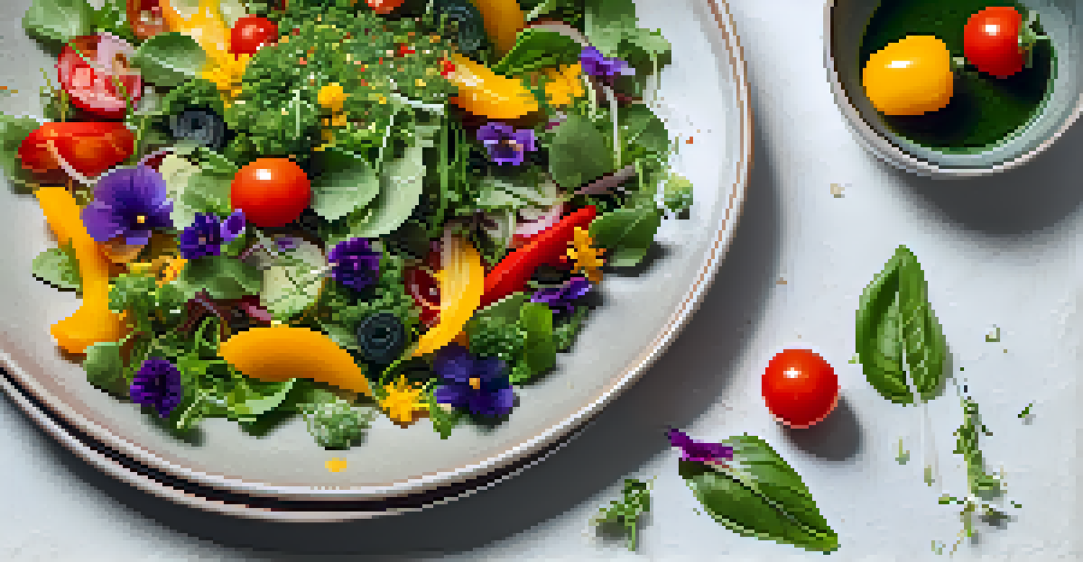 A vibrant raw food salad with greens, bell peppers, and cherry tomatoes, garnished with edible flowers and a glass of herbal tea.