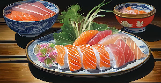 A plate of colorful sashimi with fresh fish slices, garnished with herbs and flowers, set on a wooden table with a blurred Japanese garden in the background.
