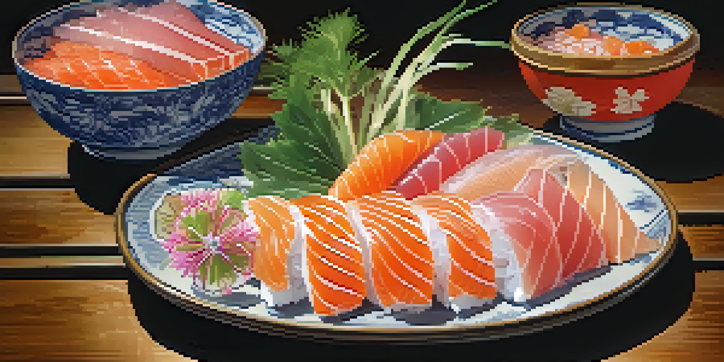 A plate of colorful sashimi with fresh fish slices, garnished with herbs and flowers, set on a wooden table with a blurred Japanese garden in the background.