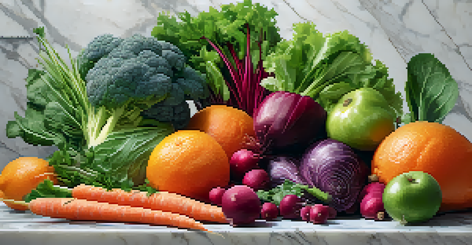 An assortment of fresh fruits and vegetables including beets, oranges, and carrots on a countertop with a juicer in the background.