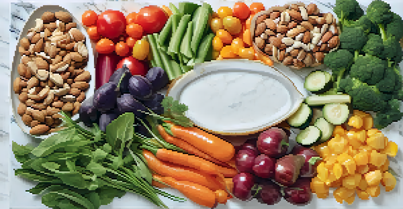 A raw food platter with colorful vegetables, nuts, and dips on a marble countertop, illuminated by bright diffused light.