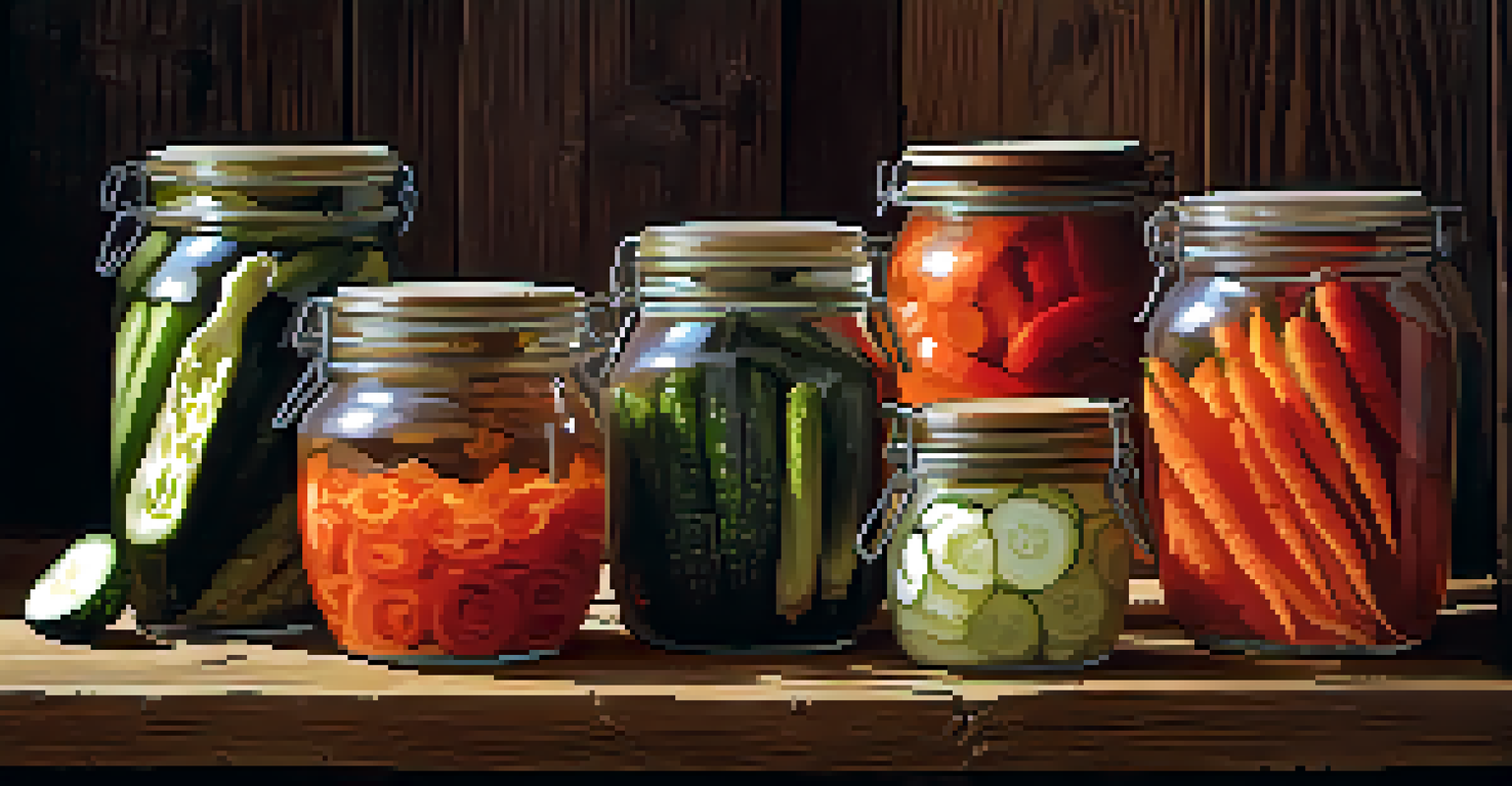 Jars of fermented vegetables including kimchi and pickled cucumbers arranged against a rustic wooden background, highlighted by warm lighting.
