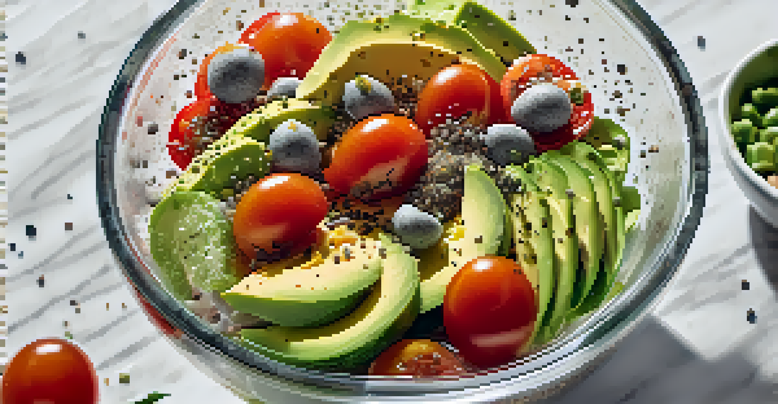 A vibrant raw food salad with cherry tomatoes, avocado, and chia seeds in a clear glass bowl on a marble countertop, illuminated by bright sunlight.