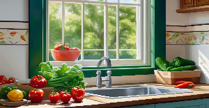A clean kitchen with fresh raw vegetables on a wooden cutting board and a visible handwashing station, illuminated by natural sunlight.