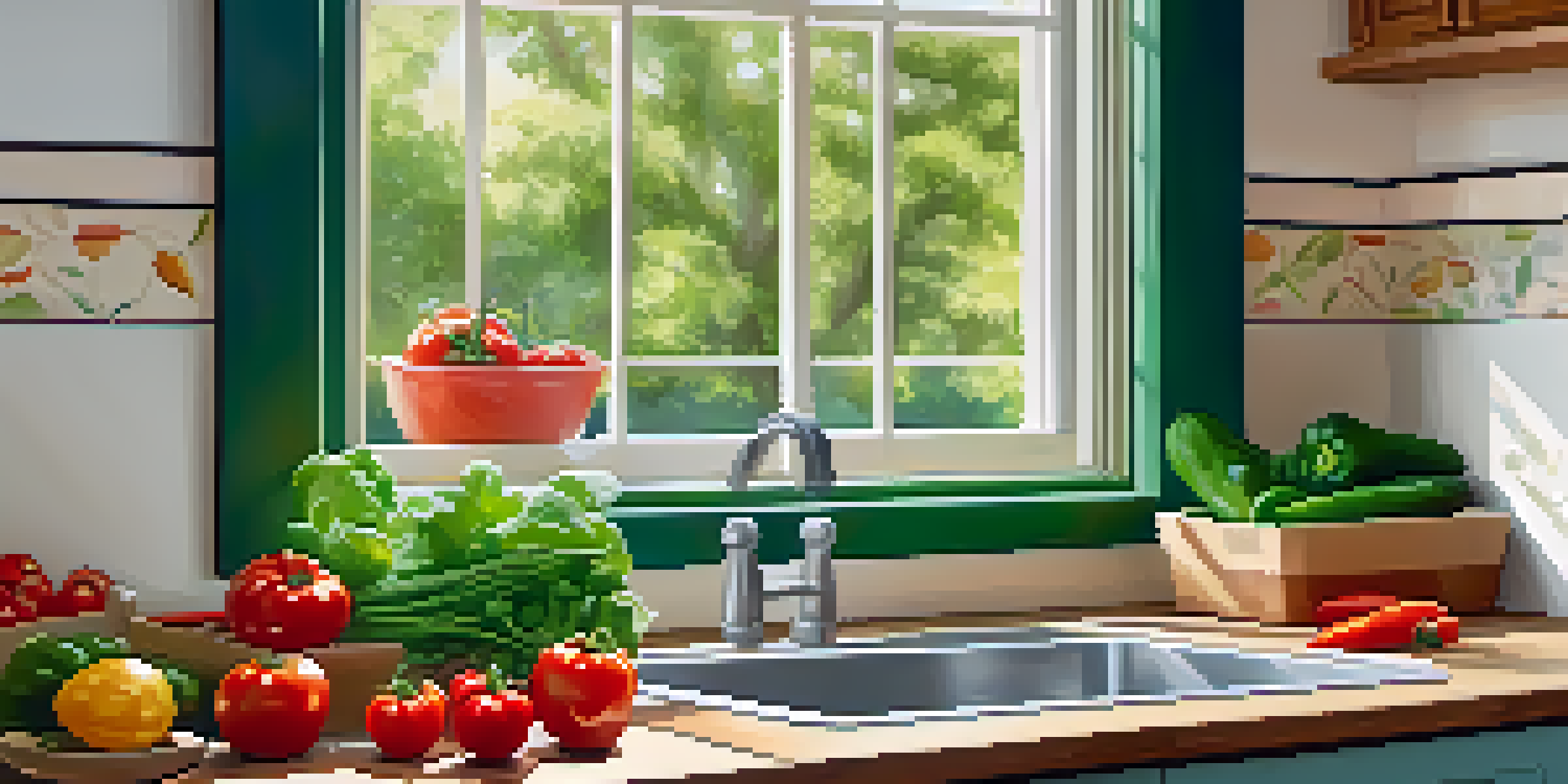 A clean kitchen with fresh raw vegetables on a wooden cutting board and a visible handwashing station, illuminated by natural sunlight.