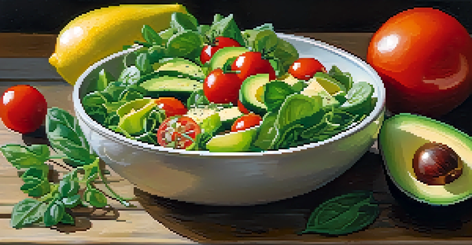 A bright salad bowl with greens, tomatoes, cucumbers, and avocado, garnished with lemon zest on a wooden table under soft sunlight.