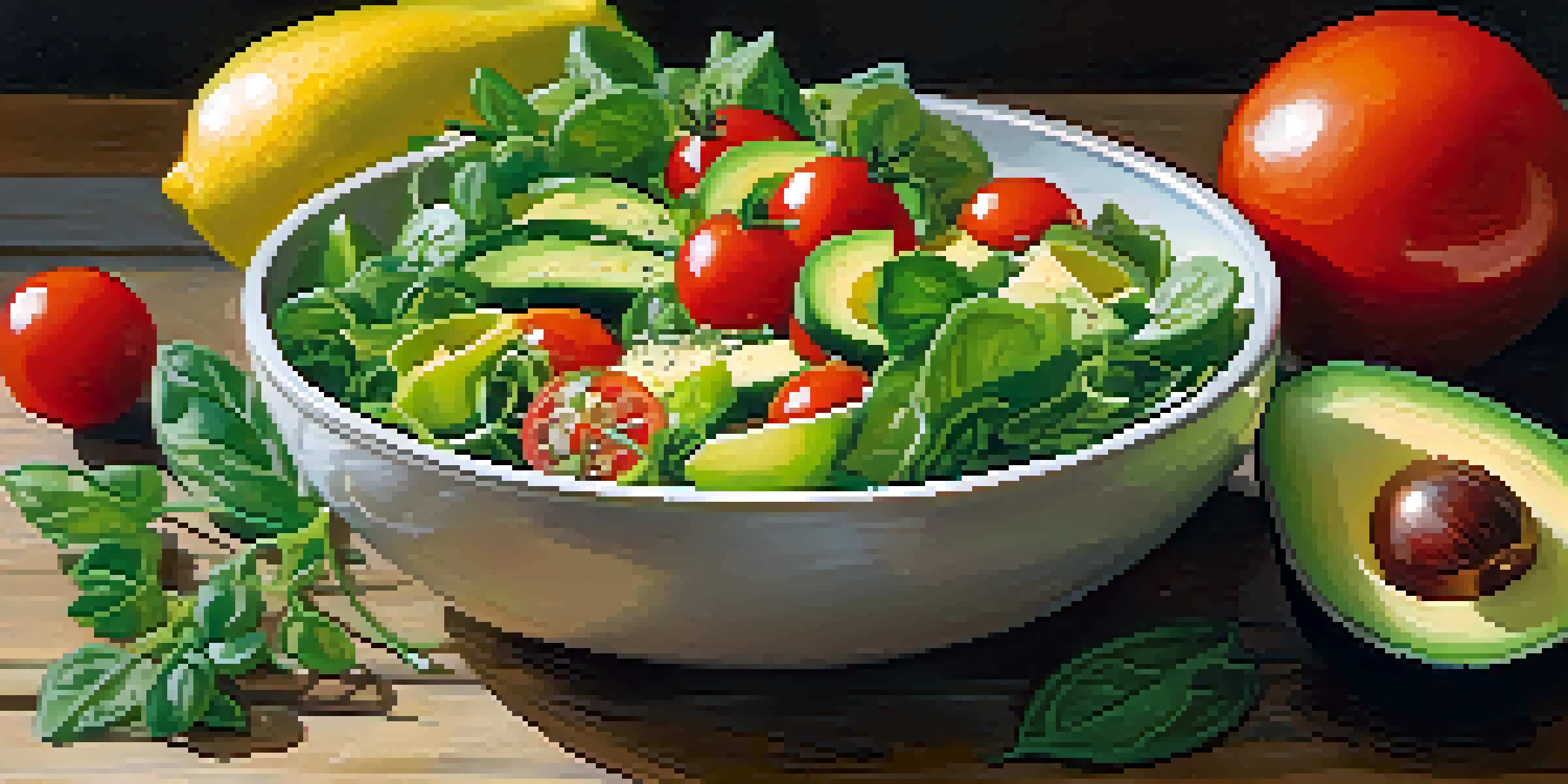 A bright salad bowl with greens, tomatoes, cucumbers, and avocado, garnished with lemon zest on a wooden table under soft sunlight.