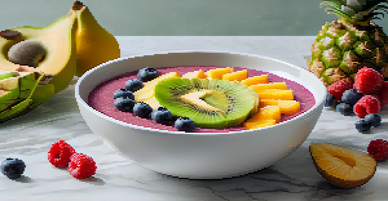 A close-up of a raw smoothie bowl topped with fruits and granola on a marble countertop surrounded by tropical plants.